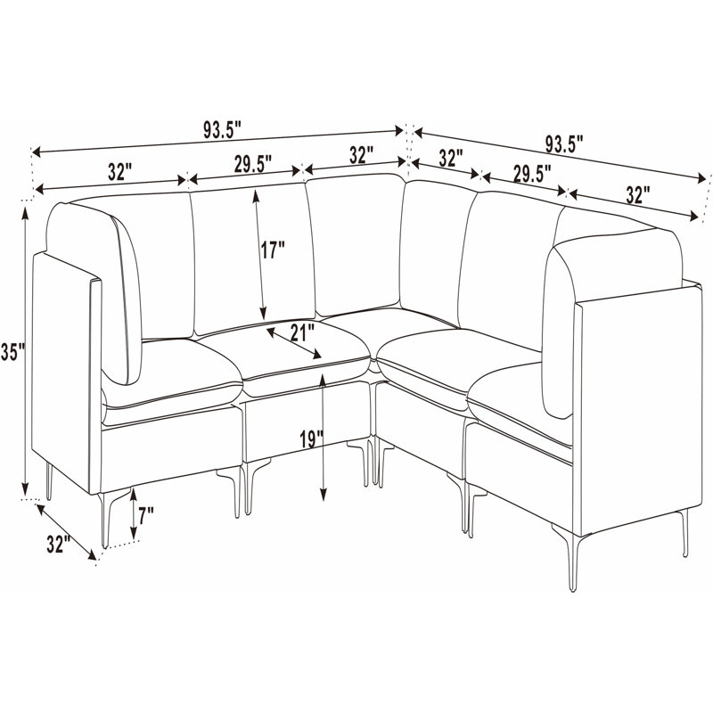 Canapé modulaire en lin rembourré avec pieds en métal, Dark Grey Linen