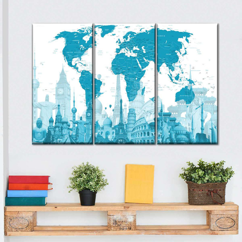 Carte mystique du monde bleu sur toile, ensemble de 3 pièces, H 36 po x l 57 po x P 1,25 po