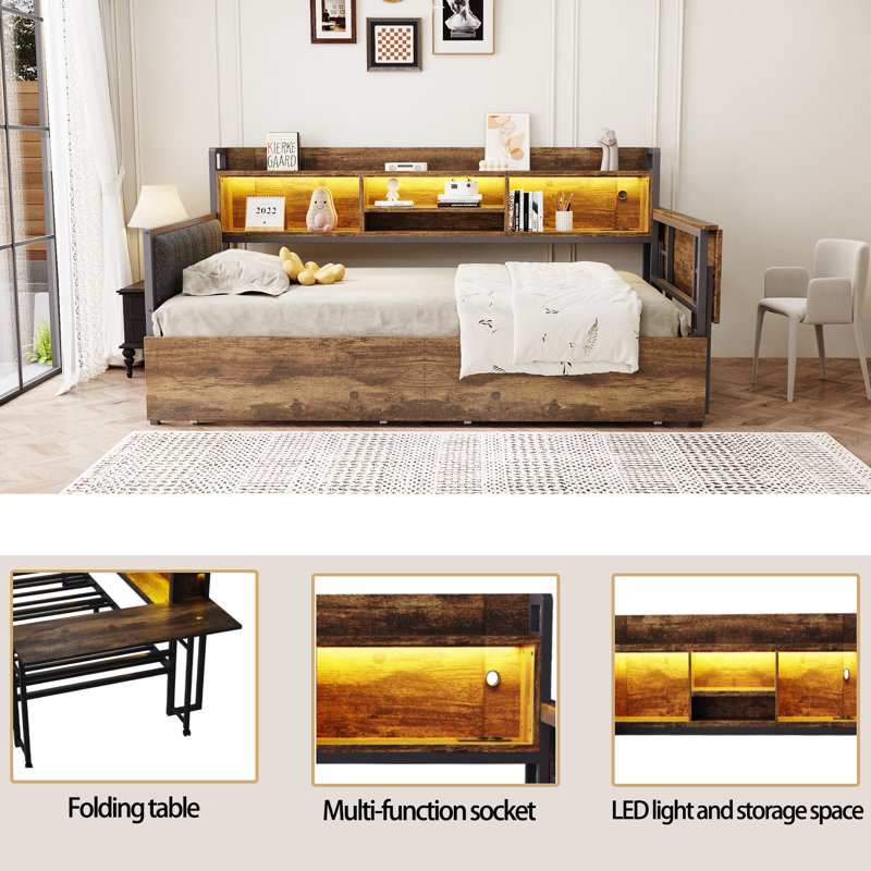 Metal Storage Bed With LED Lighting And Drawers, Brown