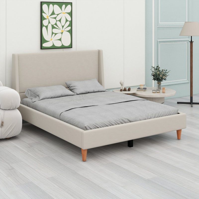 Lit plateforme tapissier avec tête de lit à oreilles et pieds en bois, Beige, Grand
