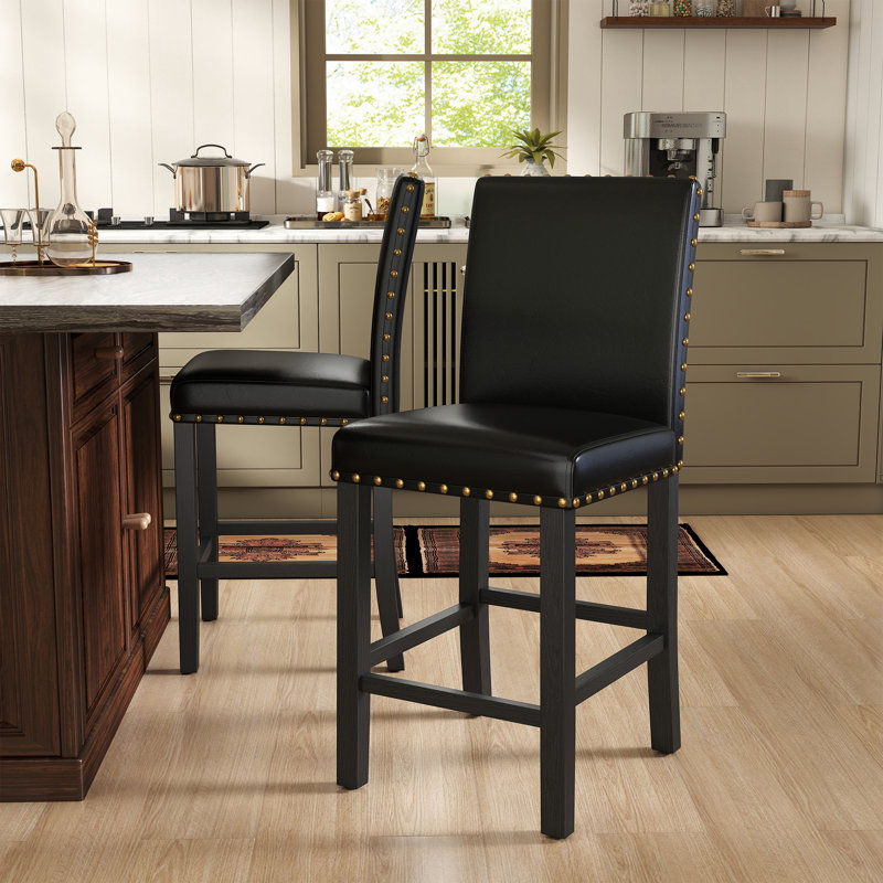 Tabouret de comptoir en bois massif 25 po Hort, Similicuir noir