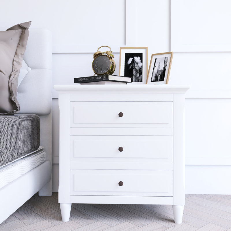 Table de chevet en pin avec 3 tiroirs et rails coulissants, Blanc