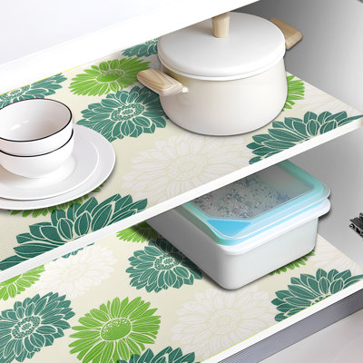 Shelf Liner,Non-Adhesive Non-Slip Cabinet Liners,Drawers Liners,Green White Dahlia Floral Print,18"W x 96"L