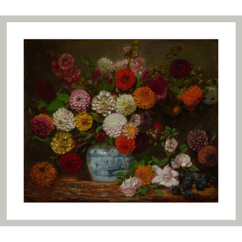 «Still Life with Dahlias Zinnias Hollyhocks and Plums» par Eugène Delacroix, impression giclée encadrée