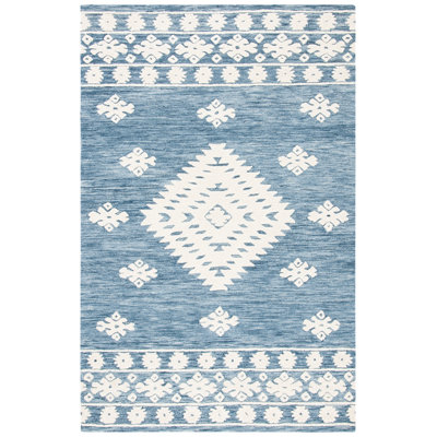 Tapis en laine / coton touffeté à la main en ivoire / bleu marine