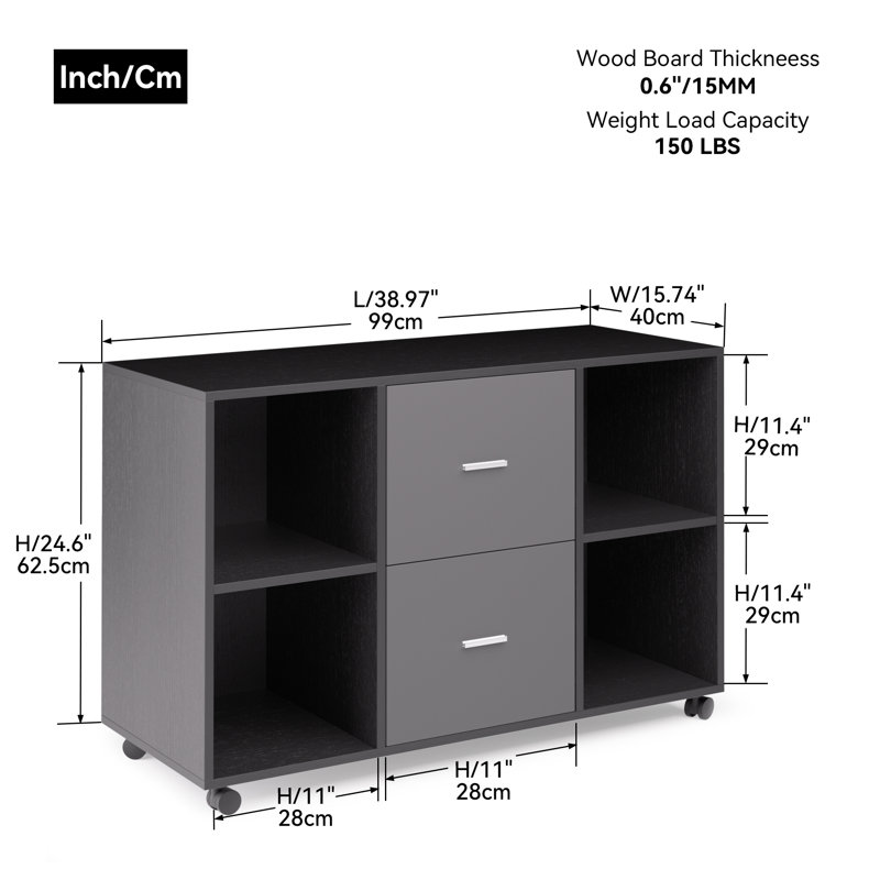 Classeur latéral mobile avec 2 tiroirs et 4 armoires de rangement ouvertes, pour le bureau personnel, Noir / gris foncé