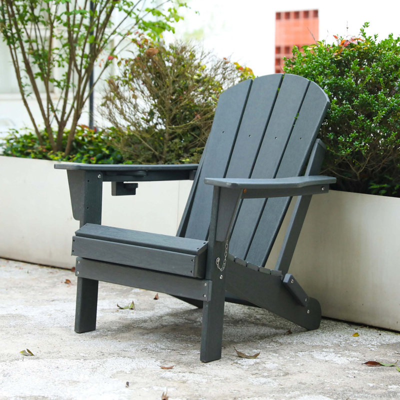 Hdpe Folding Adirondack Chair With Dual Cup Holder - Composite Adirondack Chair With Wood Texture, Gray