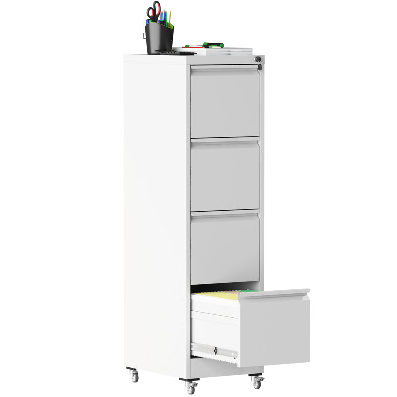 4 Drawer Lockable Metal File Cabinet On Wheels, For Home And Office, Flexible Storage With Adjustable Bar, Steel - Bearing Suspension, Finish White Metal, Tilt System, Easy Assembly, Full Extension