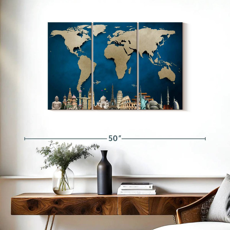 Carte du monde océan bleu 3 pièces, H 24 po x l 38 po x P 1,25 po