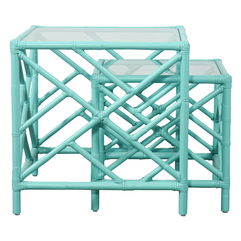 Chippendale Glass Nesting End Table, Turquoise