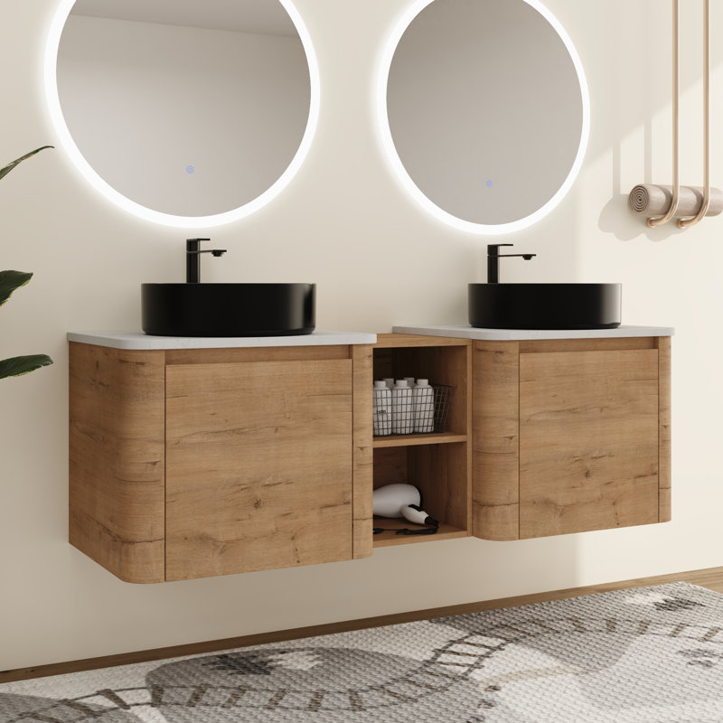 Greythor 60'' Wall-Mounted Double Bathroom Vanity With Ceramic Sink & Storage Shelves,60'' Double Bathroom Vanity Set With Engineered Stone Top
