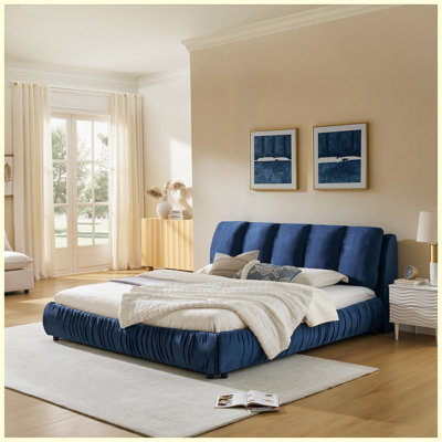King Size Bed Frame King Size Upholstered Fabric with Upholstered  Headboard Blue for Bedroom Living Room