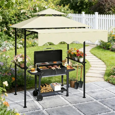 95.3×91.3×97.6 Inch Outdoor Barbecue Pavilion Grill Gazebo, Beige Double-top Uv Waterproof, Metal Frame With Side Shelves For Patio Backyard