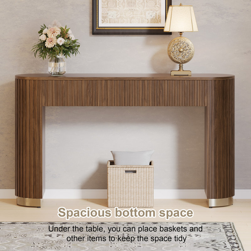  Console moderne cannelée avec deux tiroirs et pieds arrondis, Bois de chêne