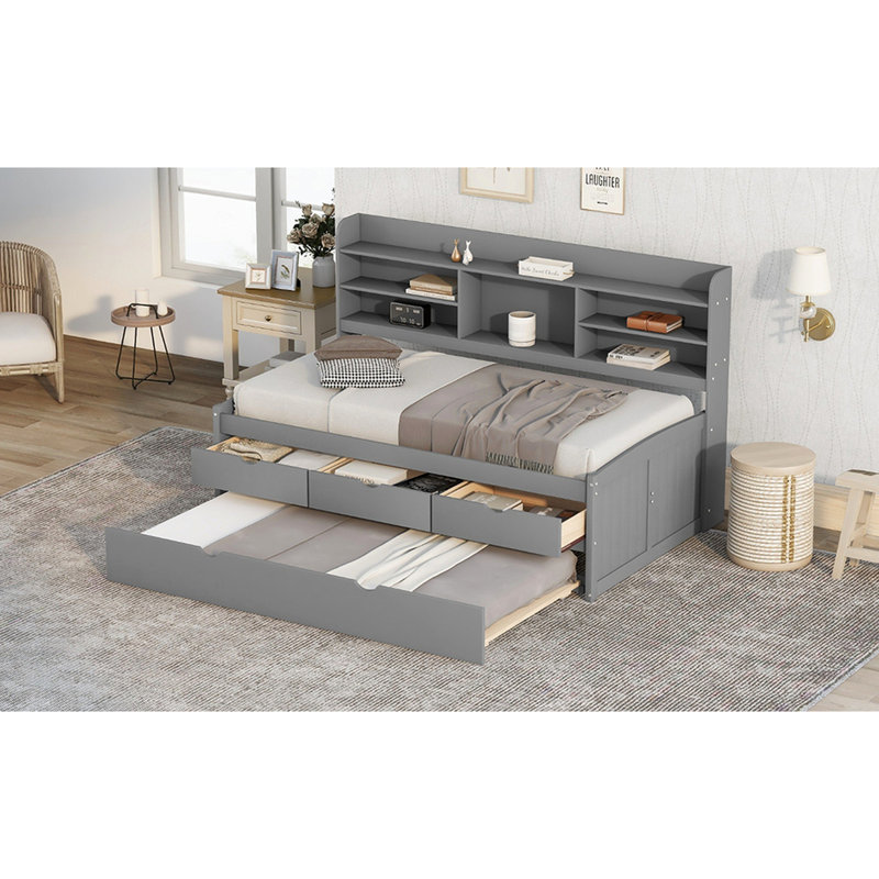 Twin Size Wooden Bed With Built-In Shelves, 3 Storage Compartments & Trundle In Grey Finish Twin-Size Captain Bookcases, Large Drawers