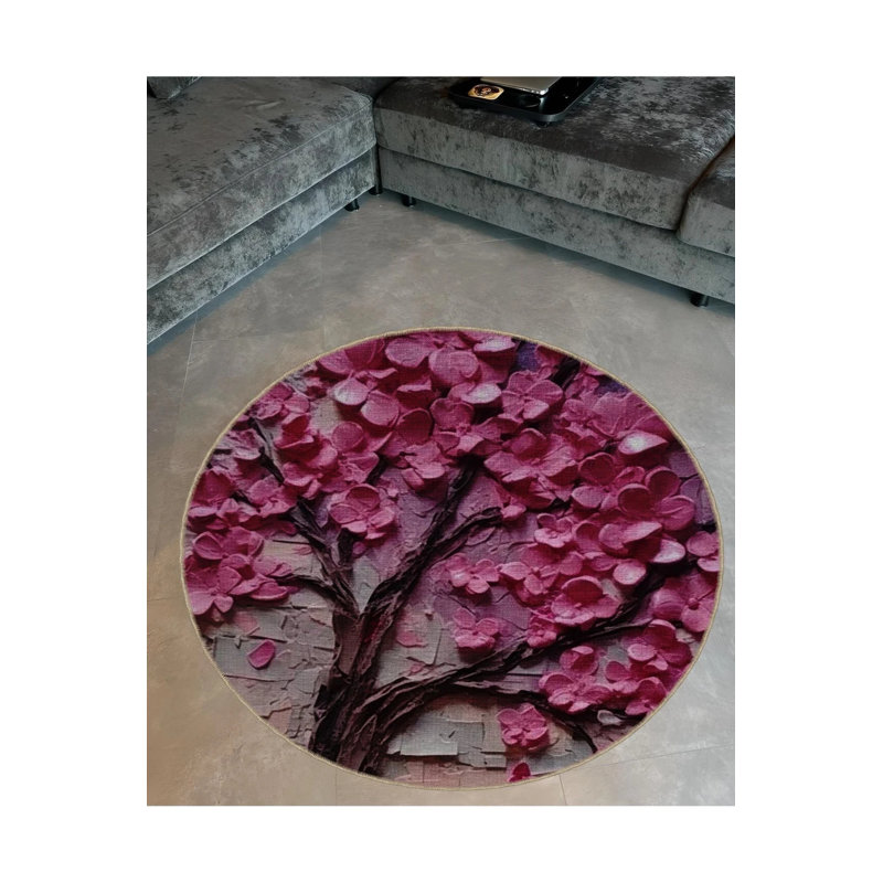 Pink Tree Patterned Round Woven Base Modern Decorative Carpet, Round 2'8"