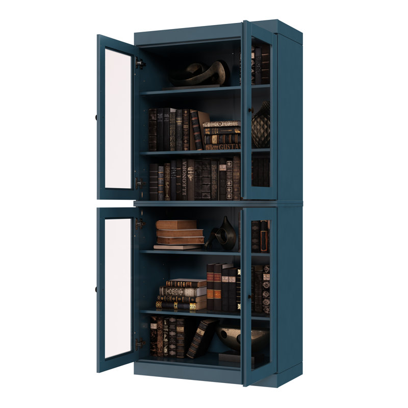 Veera Palace Imports 100% Solid Wood 6-Shelf Bookcase, Clear Glass Doors, Adjustable Shelves, 32" Wide, 71.5" Tall, Teal Blue