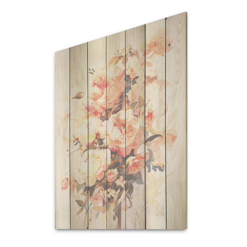 Pivoine Whisperes Bouquet I - Art sur bois de pivoine sur bois de pin naturel, H 20 po x l 10 po