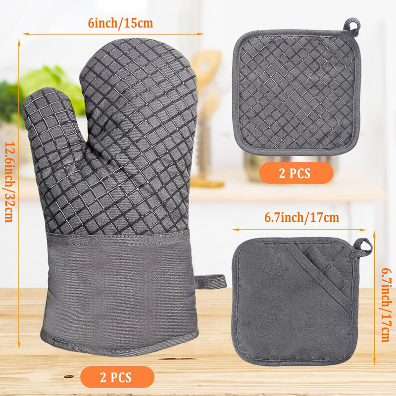 4 mitaines de four et porte-casseroles 4 pièces, gant de cuisine long résistant à la chaleur 500 degrés