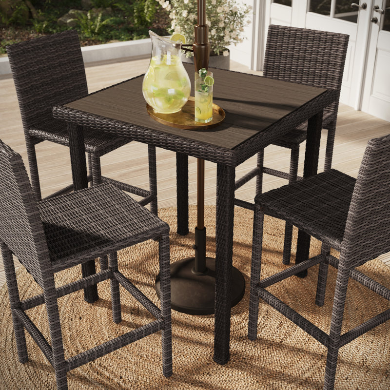 Martha Stewart Bedford 5-Piece Outdoor Rattan Wicker Patio Set With 4 Bar Stools, Bar Height Table, Brown