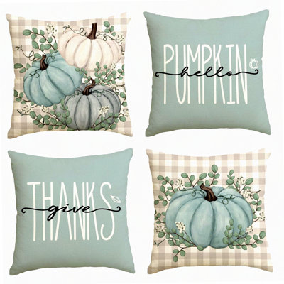 Autumn Harvest Eucalyptus Throw Pillow Covers - Set of 4, Fall Thanksgiving Decorative Cushion Cases - Give Thanks Home Decoration