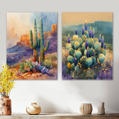 Green Purple Cactus Desert Wonder I – Botanical 2 Piece Metal Wall Art Prints