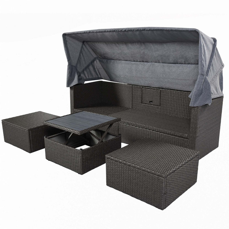 Lit de jour d'extérieur rectangulaire pour patio avec auvent rétractable, Gris