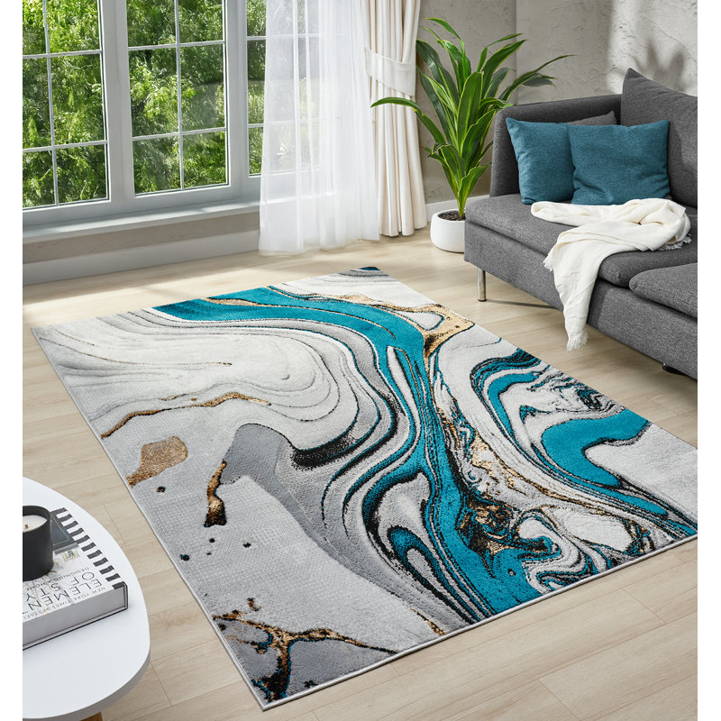 Modern Abstract Area Rug Swirls Contemporary Marble Colorful Carpet For Living Room Bedroom With Gold Lurex Accents