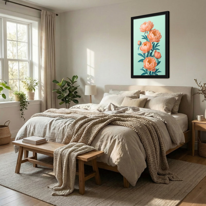Plantes et fleurs pivoines sur fond menthe, H 12 po x l 18 po