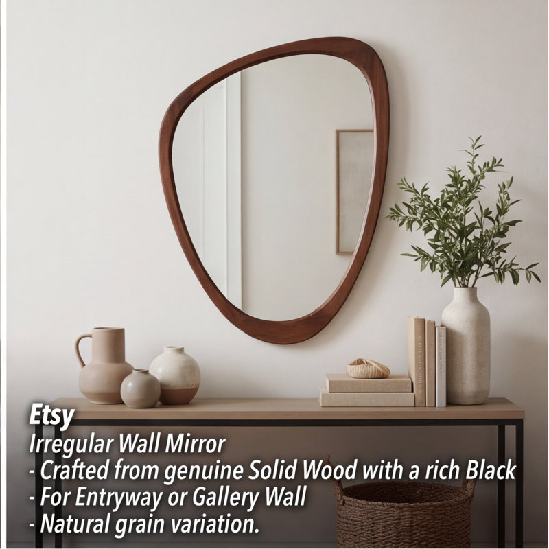 Miroir mural irrégulier en bois massif, 20 x 30 pouces, finition noyer noir - Miroir décoratif encadré pour salle de bain, chambre à coucher, salon, entrée