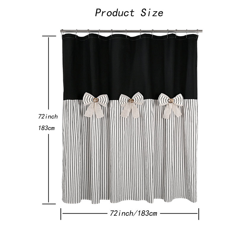 Profetto Farmhouse Linen Button  Shower Curtain, Bowknot,Linen And Cotton Woven Fabric,Pleated  Stripe,Country Style,72X72 In