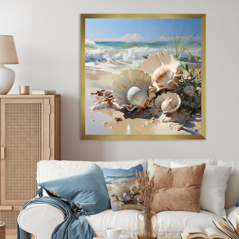 Beige palourde océan Whispers II - imprimé, H 36 po x l 36 po x P 1,5 po, Encadrement doré