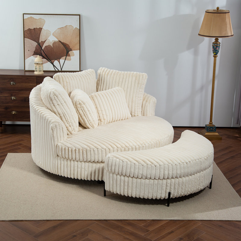 Fauteuil demi-tonneau avec repose-pieds, Fausse fourrure beige