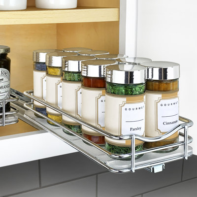 LYNK PROFESSIONAL® Pull Out Spice Rack Organizer for Inside Kitchen Cabinets - Slide Out Drawer – Chrome Sliding Spice Cabinet Organization Shelf Racks - 1 Tier