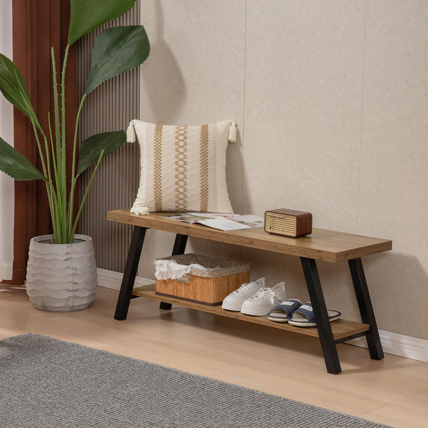 Farmhouse Industrial Metal & Wood Entryway Bench With Shoe Storage Compartments - Thumbnail 3