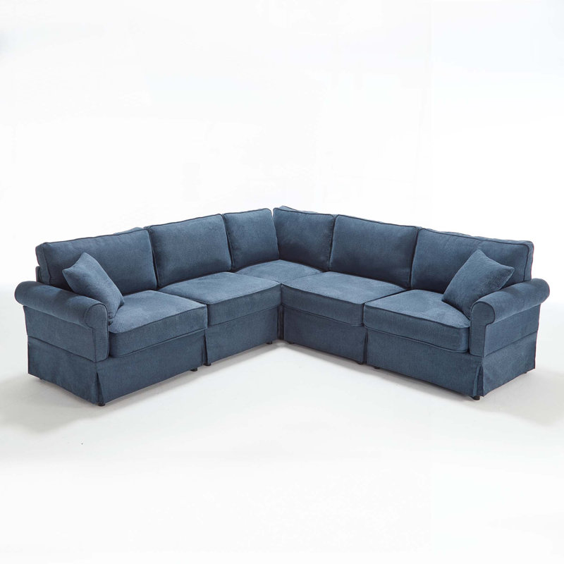 Modular Sectional Sofa Set Convertible L - Shaped 5 - Seat Reversible Rolled Arms Soft, Dark Blue Fabric