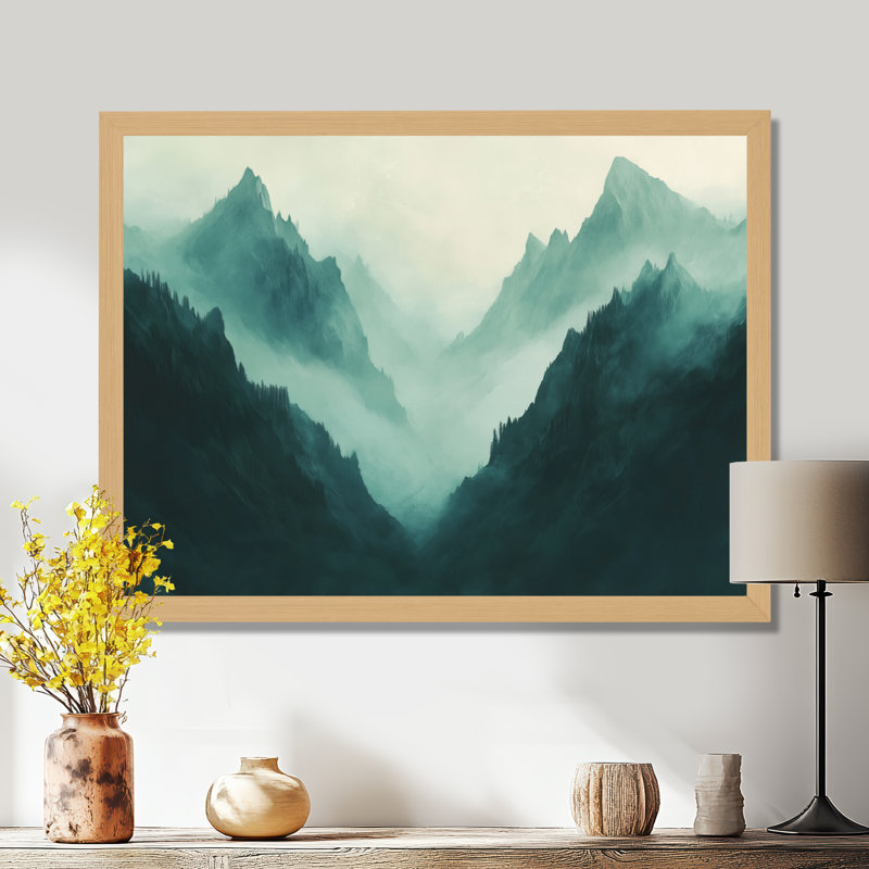 Tableau encadré « Pics de montagnes » - Brume turquoise, H 34 po x l 44 po, Natural Picture Framed