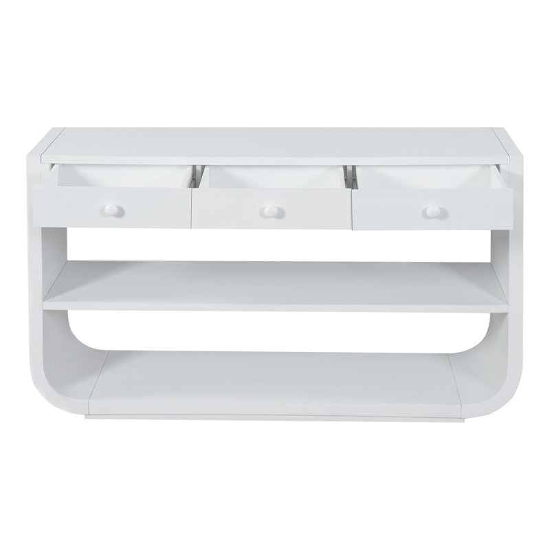 Table console moderne avec 3 tiroirs à fermeture en douceur, panneau de fibres à densité moyenne blanc et pin, White