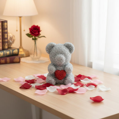Plastic Sparkling Sequin Heart Teddy Bear Figurine 8" Decorative Foam Statue For Valentine's Mother's Day Anniversary Birthday Gifts