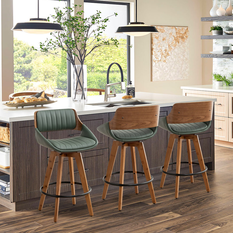 Omar 3-Piece Swivel Upholstered Counter Stool Set, Green