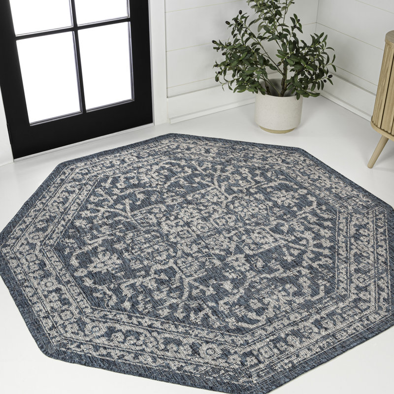 Massimo Bohemian Medallion Textured Weave Teal/Gray Indoor/Outdoor Rug, Octagon 7'9"