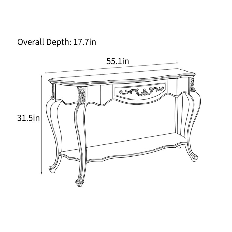Console de style européen rétro brun, H 31,5 po x l 55,1 po x P 17,7 po