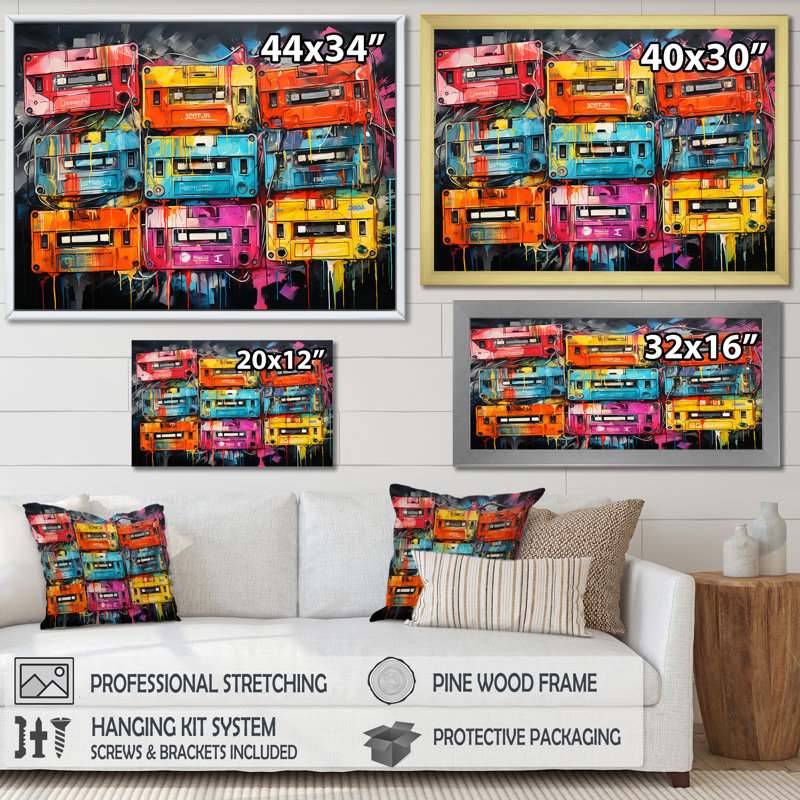 Neon Groove Cassette Tapes II - Cassette Tapes Wall Art, Cadre doré à coins fermés, H 12 po x l 20 po x P 1 po