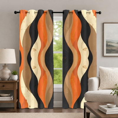 Ensemble de 2 rideaux à motif ondulé, style rétro, rideaux à œillets imprimés de rayures abstraites fluides, style moderne du milieu du siècle, décoration de fenêtre pour chambre et salon
