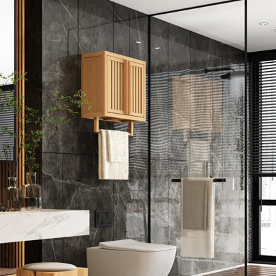Space-Saving Bamboo Wall-Mounted Bathroom Cabinet With Towel Bar & Hidden Storage