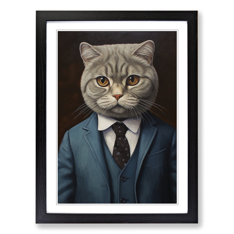 Cat In A Suit Painting No.4 - Single Picture Frame Print on Wood, 46cm H x 34cm W x 2cm D, Black Framed