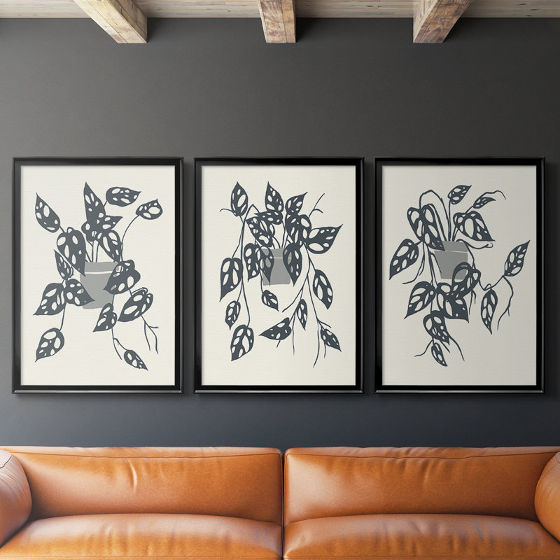 «Growing Leaves IV» - Toile tendue avec châssis sur mesure - 3 pièces, H 15 po x l 19 po, Noir