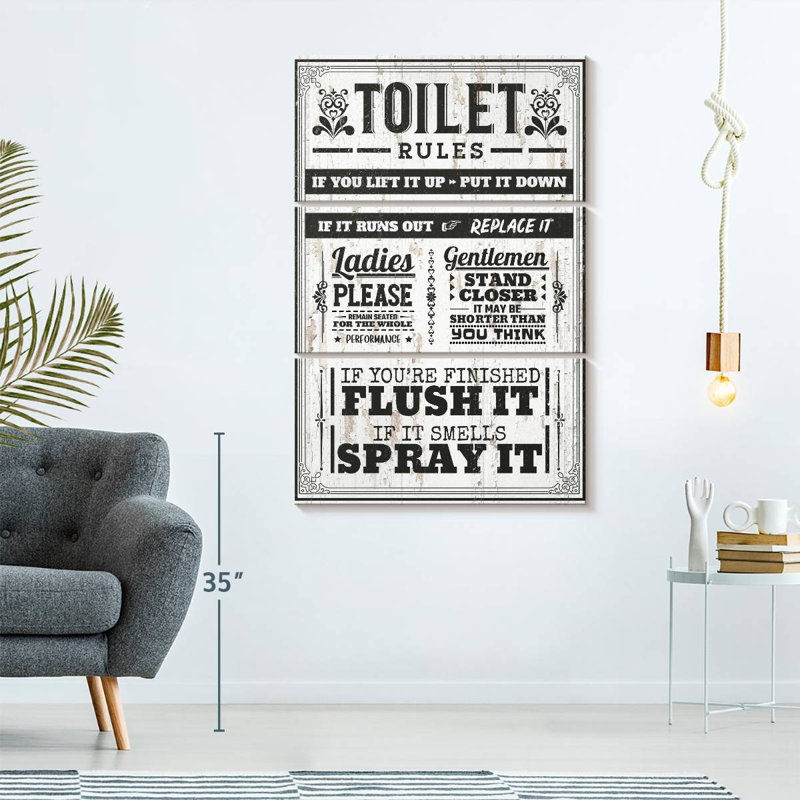 Proper Bathroom Rules, reproduction d'art sur toile, H 42 po x l 65 po x P 1,25 po
