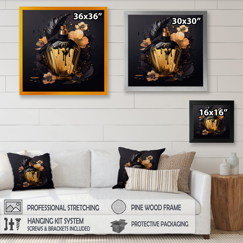«Chic Black and Gold Perfume Bottle IX», impression sur toile, Impression noire sur toile encadrée