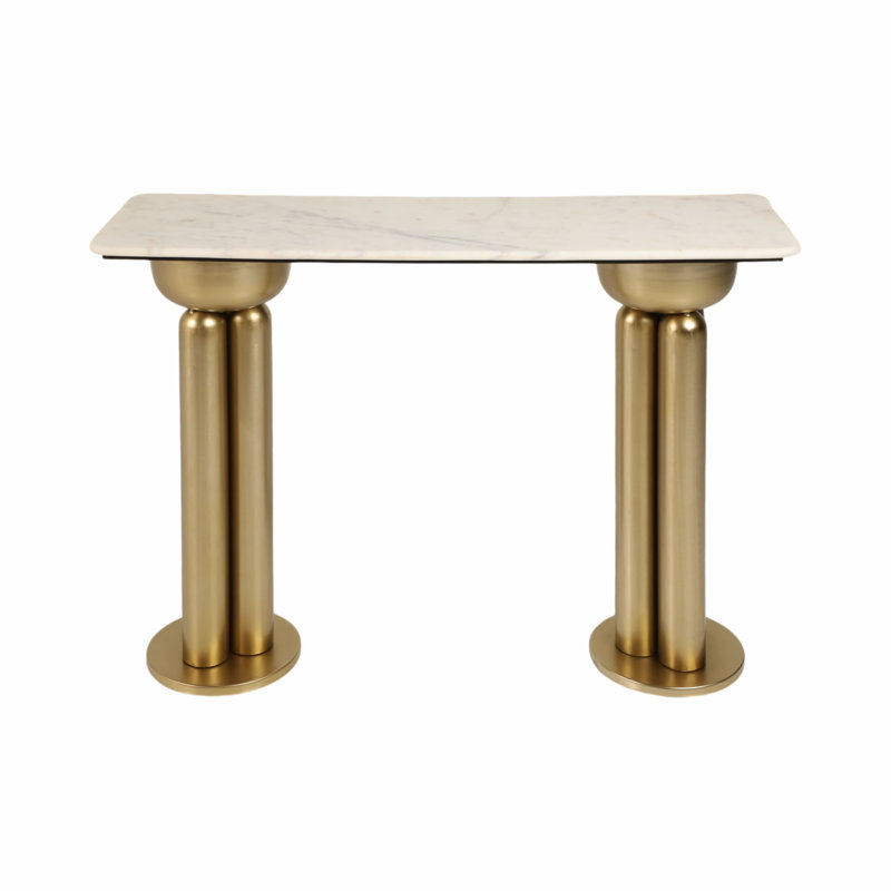 Modern Glam Console Table with Marble Top and Dual Column Metal Iron Wood Base Structure